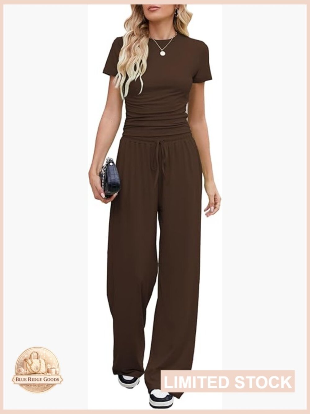 2 Piece Lounge Set Women Short Sleeve Ruched Top Wide Leg Pants Tracksuit